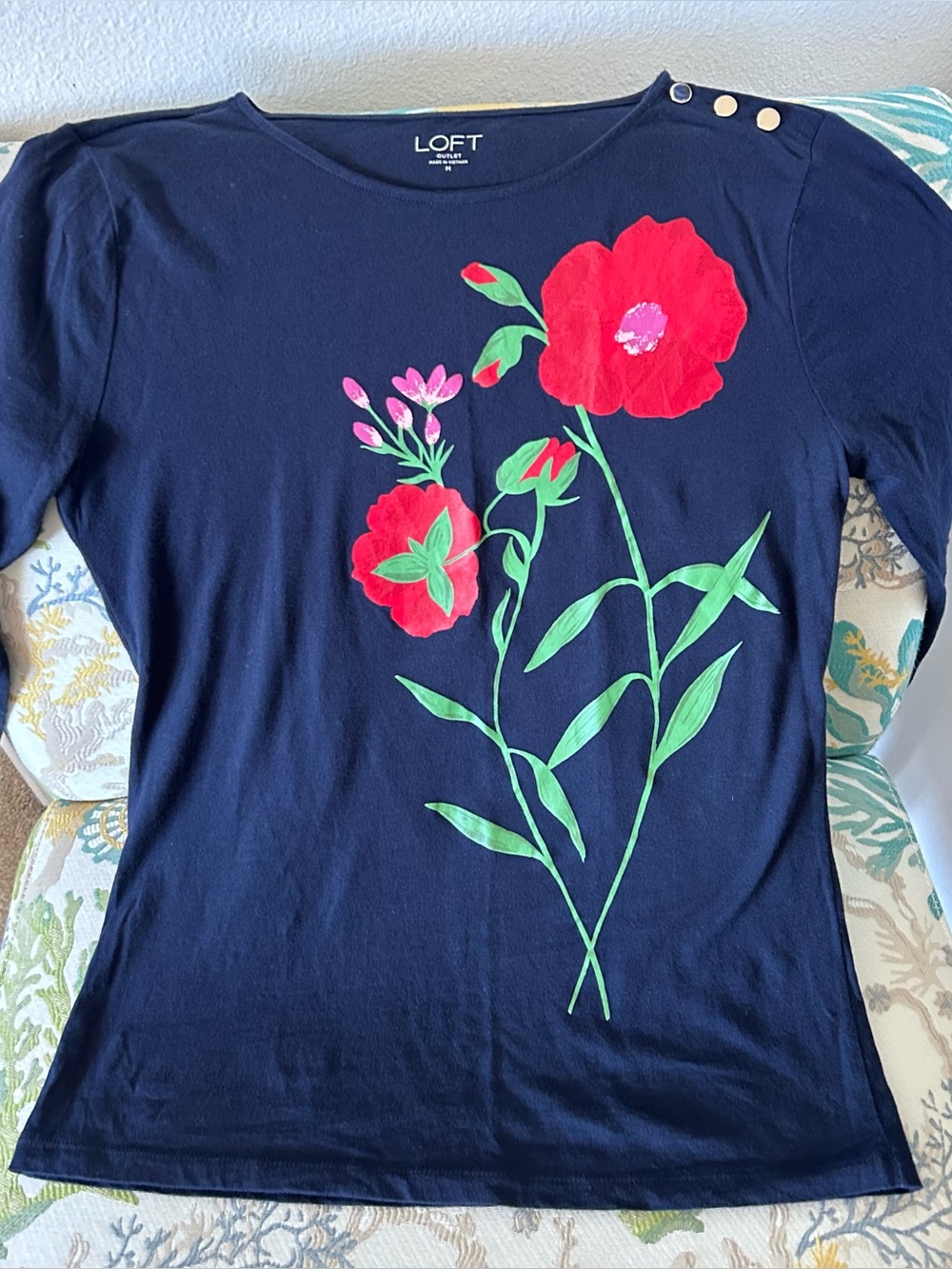LOFT Navy 3/4 Sleeve Top with Red Floral Print